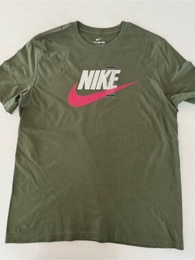 Nike Olive Green Short Sleeve Tee with Pink Swoosh